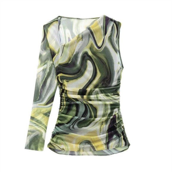 New Green Marble Swirl Mesh Asymmetric Top Size Large Like Zara - Picture 1 of 6